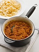 Bolognese sauce and ribbon pasta