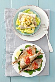 Poached fish with potato salad, and fish wrapped in bacon