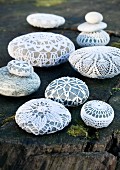 Pebbles decorated with various lace doilies on mossy tree trunk