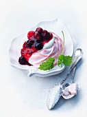 A meringue nest with berry sauce
