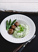 Meatballs with asparagus and quark puree