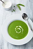 Pea soup with sour cream (top view)