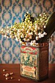 Posy of lily of the valley in old printed tin on dark wooden table top against pale blue patterned wallpaper