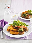 Meatballs with a rocket dressing and potato wedges