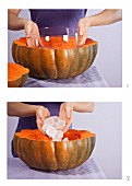 A hollowed-out pumpkin being turned into a bottle cooler