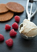 An ice cream scoop with ice cream, raspberries and honey waffle biscuits