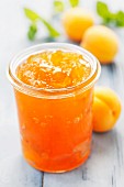 Aprikosenmarmelade im Einweckglas und frische Aprikosen