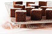 Cubes of chocolate cake with icing sugar