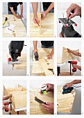 Various steps of making a DIY wooden shelving unit