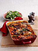 Baked chicken paella with chorizo