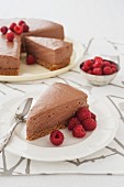 Chocolate mousse layer cake with raspberries