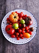 Various tomatoes on an enamel plate