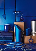 Arrangement of blue interior accessories