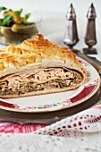 Kulebyaka; Authentic Russian Pie with Salmon, Rice, Mushrooms, Onions and Dill