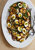 Beef fillet with mustard roast potatoes, boiled eggs, green beans and a tuna sauce