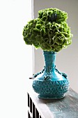 Hydrangea flowers in blue ceramic vase