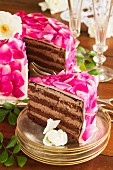 Celebratory layer cake with rose petals