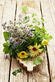 A bunch of herbs with borage and marigolds on a wooden serving dish