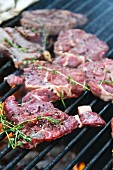 Marinated steaks on a barbecue grill