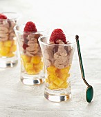 Mousse au chocolat on top of diced mango, with a raspberry sauce