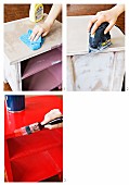 Woman's hands cleaning, sanding and painting an old cabinet red