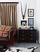 Hunting trophy on wall above dark wood chest of drawers next to leather sofa in front of window with floor-length curtains
