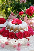 Bundt cake with icing sugar, rose decorations and redcurrants