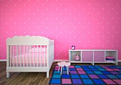 Nursery with pink polka-dotted wall, checked rug and white cot