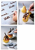 A pear being coated in chocolate, and chocolate writing being created
