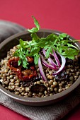 Lentil salad with sundried tomatoes, rocket and olives