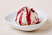 A scoop of fresh vanilla ice cream with home-made cherry sauce