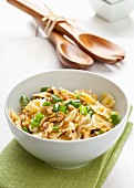 Pasta salad with chopped walnuts and spring onions