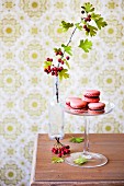 Pink macaroons with hawthorn berry filling on a glass cake stand