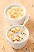 Cream of leek & pear soup with sliced almonds