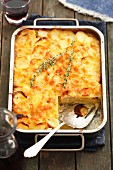 Potato gratin with thyme in the baking dish