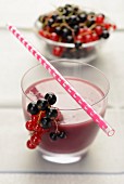 A smoothie made of black- and redcurrants, with fresh currants and a drinking straw