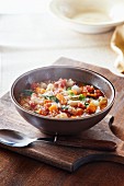 Steaming minestrone in a soup bowl