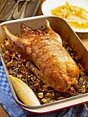 Roast goose in the roasting tin