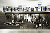 Professional Kitchen; Hanging Tools and Canisters of Seasonings