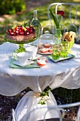 A table in a garden ready laid with cake and buns, Sweden.