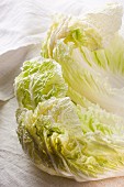 Chinese cabbage leaves on an old linen cloth