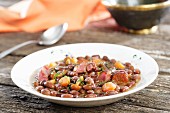 Stew, light speckled kidney beans, chorizo, mushrooms, bacon