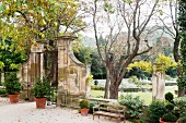 Iron gates leading to garden lawn with topiary and plane trees