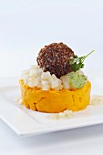 Mashed squash with caramelised pear tartare and a Gorgonzola ball
