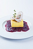 Rolled chicken breast, baked polenta and beetroot