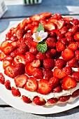 High angle view of strawberries cake