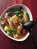 Pilz-Gemüse-Suppe mit Raupenpilzen und vegetarischem Entenfleischersatz
