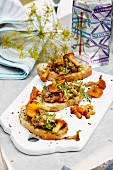 Toasted slices of bread with lobster, chanterelles and dill