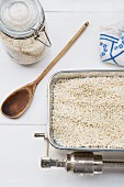Risotto rice on vintage kitchen scales