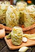 Bean and cucumber salad with onions, preserved in jars
